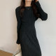 Korea chic autumn retro simple round neck folds design elastic waist bag hip long-sleeved dress little black dress