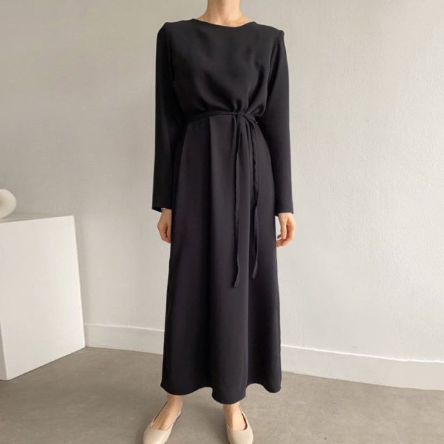 Korean chic early spring minimalist round neck solid color tie waist slim skin-friendly long-sleeved dress dress