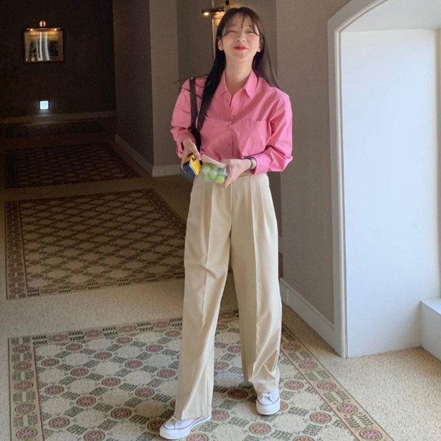 Korean chic spring niche basic lapel single-breasted long-sleeved shirt + high-waisted straight-leg trousers and trousers women
