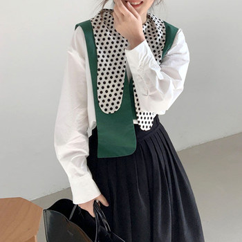 Korean chic niche polka dot irregular lapel stitching long-sleeved shirt + high waist pleated skirt suit women