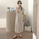 French style contrast striped shirt dress for women in summer niche versatile lace-up waist short-sleeved long skirt