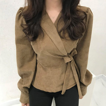 Korean chic spring French retro suit collar side tie waist thin solid color puff sleeve shirt top