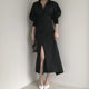 Korean chic French lapel single-breasted button careful machine backless straps waist after split lantern sleeve dress female