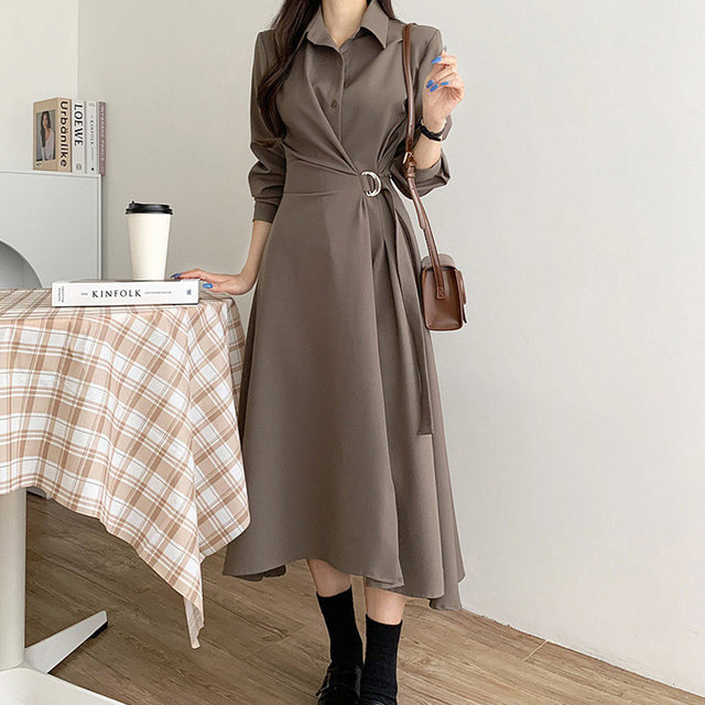 Korean chic autumn niche lapel single-breasted side strap waist solid color over-the-knee long-sleeved dress long skirt