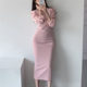 Korean chic minimalist temperament all-match round neck slim fit puff sleeves bag hip bottoming dress female