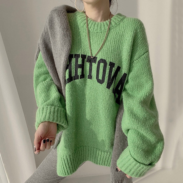 Korean chic foreign style candy-colored round neck letter print pullover loose skin-friendly long-sleeved thick knitted sweater women