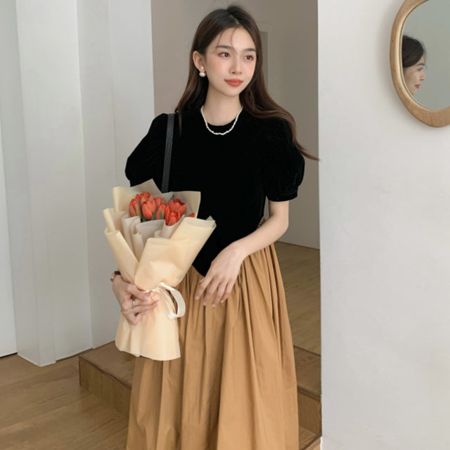 Korean chic elegant retro simple round neck puff sleeves irregular splicing waist contrast color pleated dress female