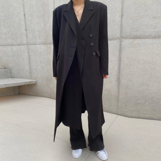 Korean chic autumn and winter French temperament suit collar double placket design loose over the knee long suit jacket women