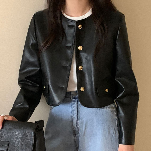 Korean chic autumn retro handsome round neck metal single-breasted button loose long-sleeved short jacket leather jacket female