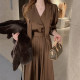 Korean chic spring French retro V-neck streamer glossy waist slimming long puff sleeve dress for women