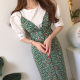 Korean chic spring wild round neck loose puff sleeve shirt + slim long floral suspender dress female