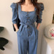 Korean chic retro temperament square collar metal button lace double pocket puff sleeve denim jumpsuit trousers women