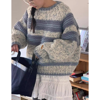 韩国chic冬季甜美减龄圆领宽松重磅粗线保暖长袖条纹针织衫毛衣女