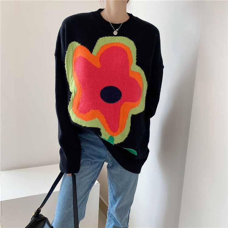 Round Neck Long-Sleeved Pullover Large Flowers Loose Sweater NSSX73207