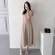 Korean chic spring and summer French style round neck slim fit and drapey threaded solid color A-line short-sleeved dress for women