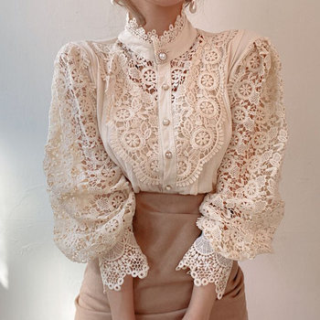 Korean chic spring French loose chic button heavy lace hollow flower stitching long-sleeved stand-up collar shirt