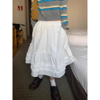 High waist slim spliced ​​black fungus lace skirt long skirt