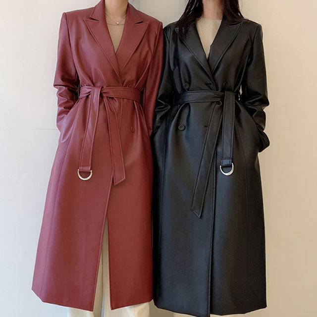 Korean chic autumn retro suit collar single-breasted tie belt waist knee long PU leather trench coat female