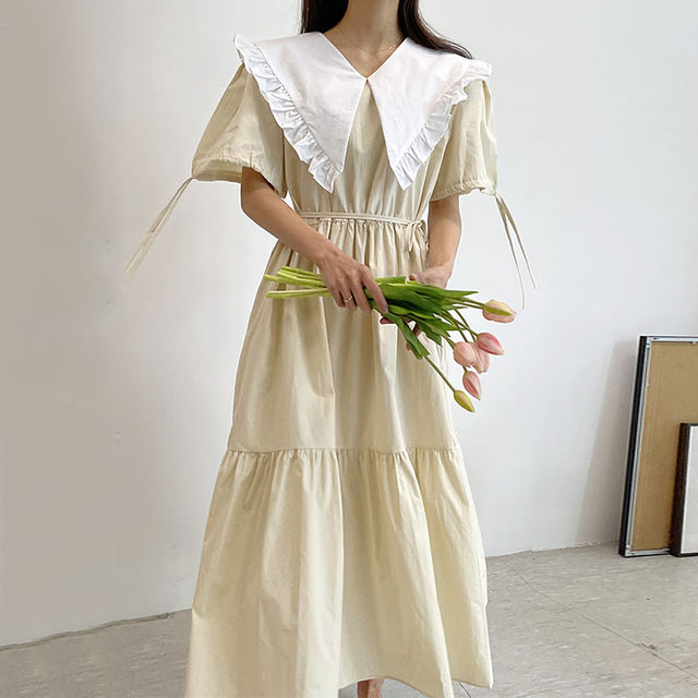 Korean chic spring age-reducing navy large lapel stitching fungus edge tie waist lotus leaf dress female