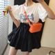 Korean chic summer playful age-reduced round neck cartoon letters lantern sleeve T-shirt + high-waisted drawstring puffy skirt