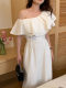 Korean chic summer French gentle style slanted shoulder splicing double-layer ruffled lace-up waist slimming dress for women