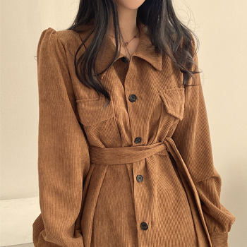 Korean chic autumn retro niche lapel single-breasted straps waist tooling shirt-style corduroy dress