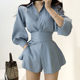 Korean chic niche temperament lapel single-breasted lace-up waist long-sleeved shirt + high waist casual shorts suit