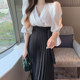 Korean chic elegant cross V-neck irregular lace waist slim puff sleeve pleated long dress women