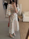 Korean chic summer niche design pleated floral dress women's loose lantern sleeve ruffle long skirt