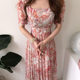 Korean chic early spring niche elegant square neck ink flower print waist slim puff sleeve pleated dress