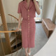 Korean chic temperament elegant lapel tweed small suit jacket + high waist chic button skirt suit