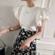 Korean chic temperament round neck double layer lotus leaf flying sleeve T-shirt + high waist flower skirt long skirt suit female