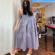 Korean chic western style retro large lapel contrast color stitching floral loose puff sleeves large swing dress long skirt