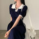 Korean chic summer French elegant polo collar contrast color waist slimming long section short-sleeved knitted dress female