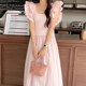 Korean chic spring sweet and gentle style round neck splicing high waist slimming solid color flying sleeve dress long skirt for women