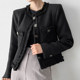 Korean chic French round neck heavy work raw edge stitching chic single-breasted loose pocket woolen tweed short coat