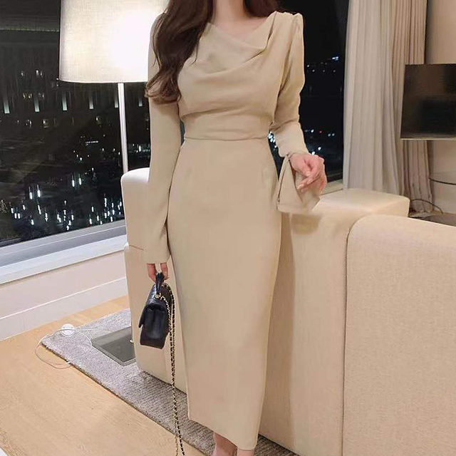 Korean chic French elegant stacked neckline slimming horn sleeve slit design bag hip dress long skirt female