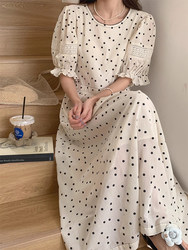 Korean chic summer ໃຫມ່ຝຣັ່ງ retro lace splicing ວ່າງ puff sleeve polka dot dress ສິ້ນຍາວສໍາລັບແມ່ຍິງ