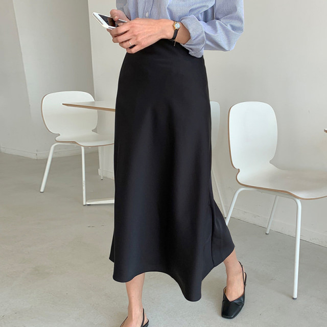 Korean chic spring French gentle high-waist casual all-match solid color over-the-knee long skirt for women