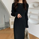 Korea chic autumn retro simple round neck folds design elastic waist bag hip long-sleeved dress little black dress