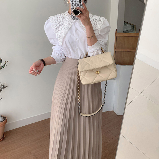 Korean chic light familiar style hollow hook flower puff sleeve shirt + high waist slim drape pleated skirt long skirt