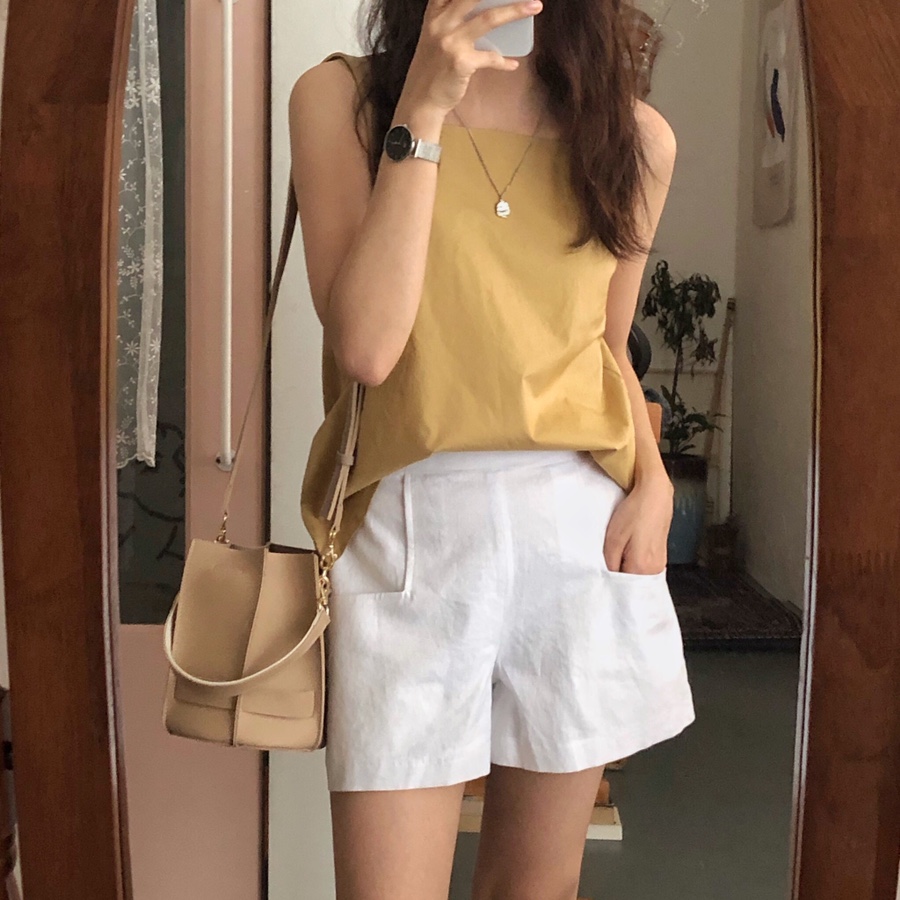 Hàn Quốc đơn giản, đa năng đơn giản phù hợp với cổ áo đơn ngực nhỏ phù hợp với áo khoác nhỏ + cao eo lỏng quần thường xuyên quần short nữ - Bộ đồ áo kiểu nữ đẹp
