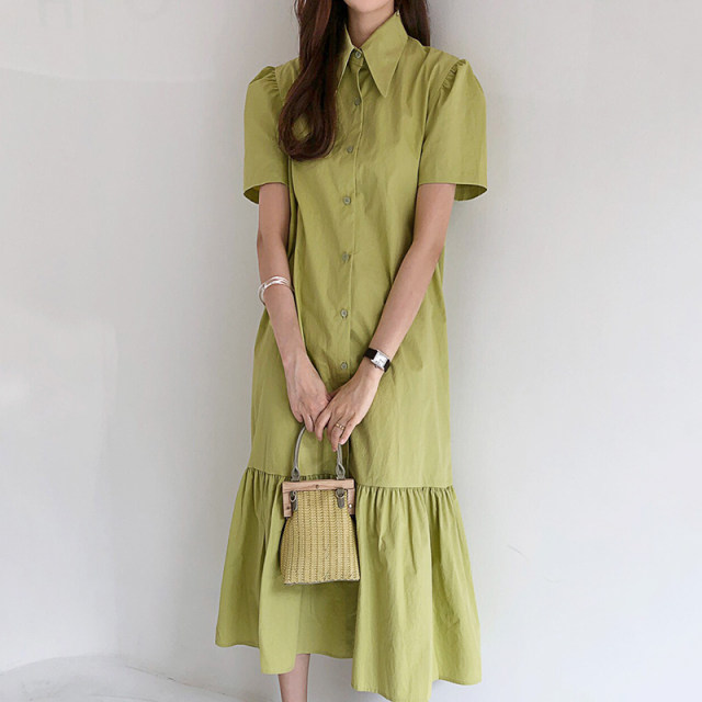 Korean chic summer French pointed collar single-breasted loose puff sleeves casual over-the-knee fishtail dress female