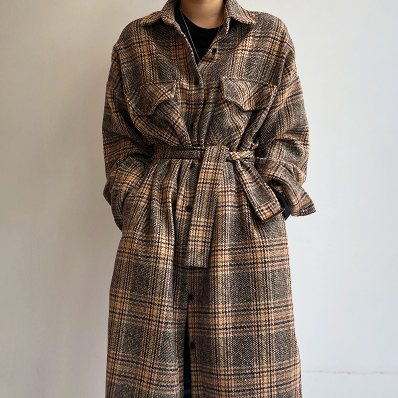 Coffee Colorthe republic of korea chic Retro British style Color contrast Check pattern Lapel Single breasted Frenulum easy Long sleeve Wool loose coat overcoat