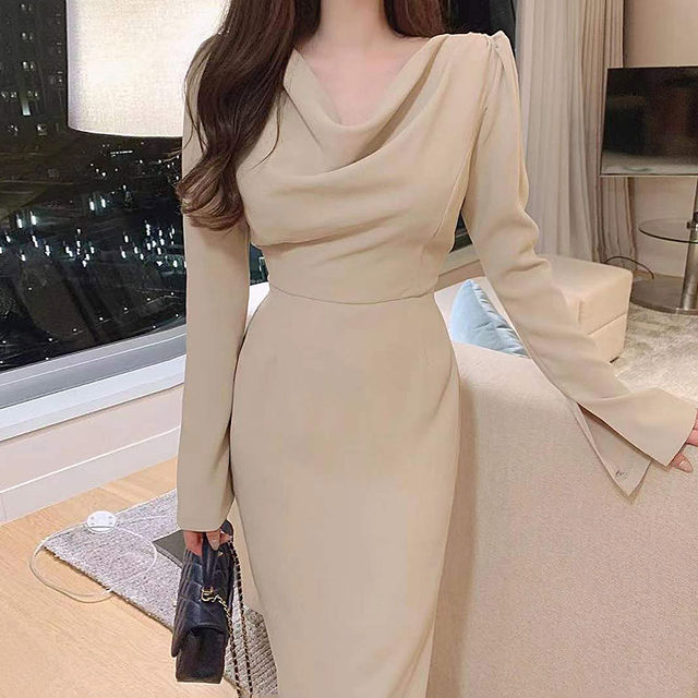 Korean chic French elegant stacked neckline slimming horn sleeve slit design bag hip dress long skirt female