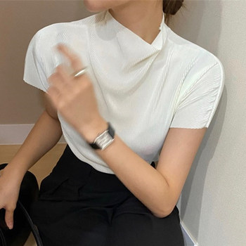 Korean chic minimalism summer basic half turtleneck pleated design loose short-sleeved shirt top women