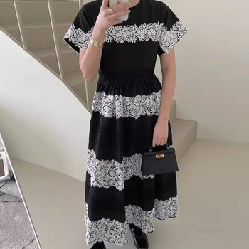 Korean chic summer retro temperament round neck lace contrasting color stitching waist slimming short-sleeved dress for women