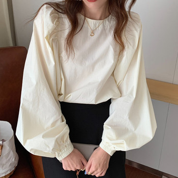 Korean chic autumn simple and gentle cream apricot round neck loose solid color casual puff sleeve shirt top women