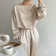 Korean chic simple temperament round neck glossy puff sleeve shirt + high waist leggings casual pants trousers suit