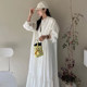 Korean chic summer French retro stand-up collar lace hollow splicing design loose lantern sleeve dress long skirt